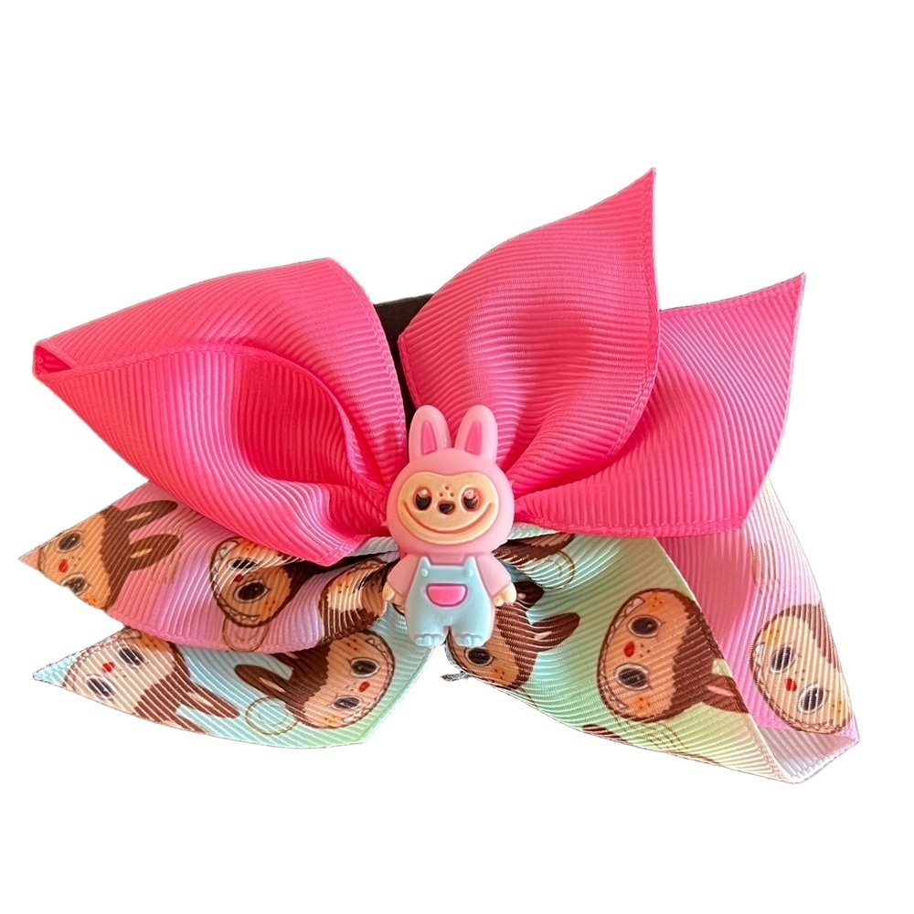 4/$15 Bundle Monster Girls Hair Bow 2 Tone Pink Ribbon Baby Blue Overall